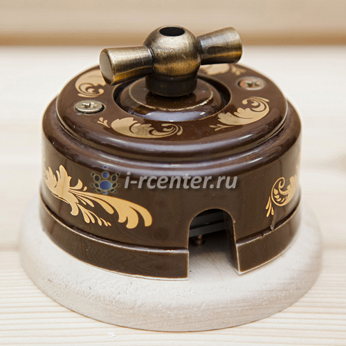 Ретро выключатель, проходной, керамический, Магия золота с подрозетником,  металлическая ручка